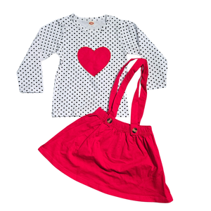 NWOT | 2-Piece Heart & Polka Dot Outfit Set | Long Sleeve Top | Red Suspender Skirt | 2T