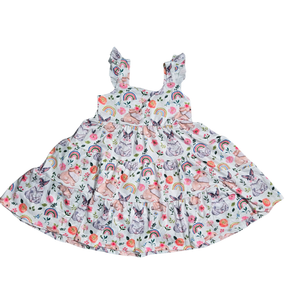 NWOT | Bunny & Rainbow Print Tiered Garden Dress | Floral | Ruffle | 4-5Y