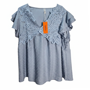 NWT | Dusty Blue Swiss Dot Top | Front Lace Ruffle | 2XL