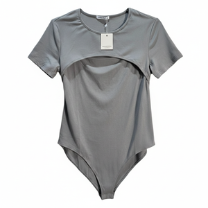 NWT | MANGOPOP Grey Short Sleeve Cut-Out Crew Neck Bodysuit | Chic | XL
