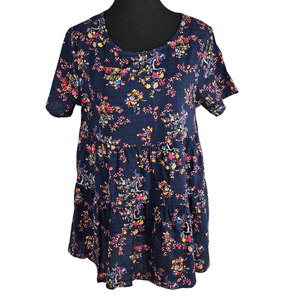NWT | Navy Blue Multi-Color Floral Tiered Ruffle Top | Pastoral Charm | M