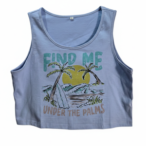 NWOT | "FIND ME UNDER THE PALMS" Surf Graphic Crop Top | Lavender Blue | L