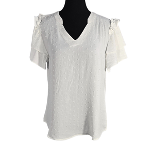 NWT | White Swiss Dot Eyelet V-Neck Blouse | Flutter Sleeve | M
