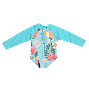 NWT | Baby Girl's Aqua Tropical Floral Long Sleeve Swim Suit | UPF 50+ | 12M