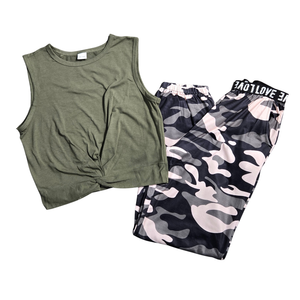 NWOT | Teen 2-Piece Pajama Lounge Set | Olive Knot Tank | Pink Camo Joggers | 13-14Y