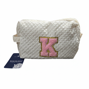 NWT | YOOLIFE White Waffle Knit Cosmetic Bag | Pink Chenille Letter K Patch | OS
