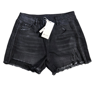 NWT | Evaless Faded Black Distressed Denim Shorts | High-Rise Raw Hem | Size 8