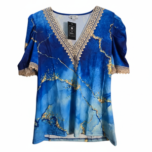 NWT | ETCYY Blue & Gold Marble Print Top | Crochet Lace V-Neck Detail | Size Large