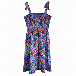 NWOT | Vibrant Multicolor Floral Smocked Dress | Tie-Shoulder Straps | Size Large