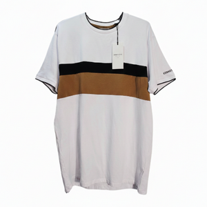 NWT | Kenneth Cole White Performance Tee | Black & Tan Chest Stripe | Size XL