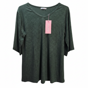 NWT | Forest Green Heathered V-Neck Top | Elbow Length Sleeves | M