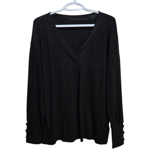 NWT | EyMuse Black V-Neck Long Sleeve Top | Faux Tortoise Button Cuffs | Size Medium