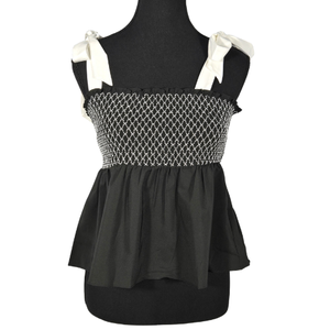 NWOT | Black Smocked Peplum Top | White Bow Shoulder Ties | Contrast Stitching | Size Large