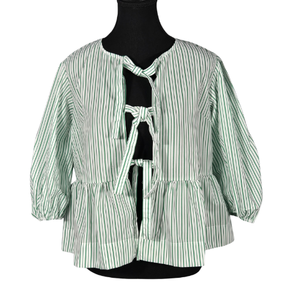 NWOT | Green & White Striped Triple Tie-Front Peplum Top | Balloon Sleeves | Size Small