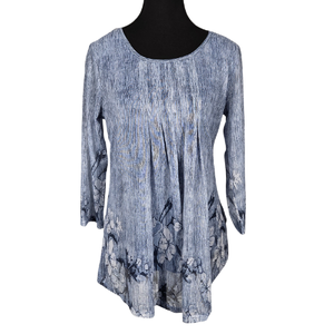 NWOT | Blue Floral Pleated Tunic Top | Sheer Mesh Sleeves | Size Medium