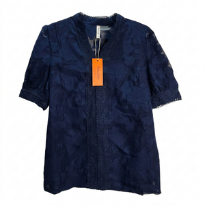 NWT | Falechay Navy Blue Embroidered Lace Top | Sheer Floral Overlay | Crochet Trim | Size Large