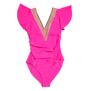 NWOT | Hot Pink One-Piece Swimsuit | Ruffle Sleeves | Crochet Detail | Small