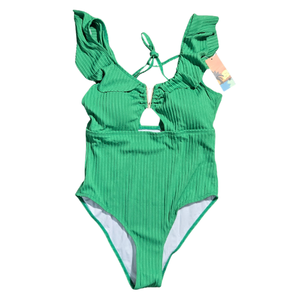 NWT | Kelly Green Ribbed One-Piece Swimsuit | Ruffle Flutter Sleeves | V-Wire Detail | Size Large