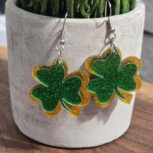 New | St. Patrick's Day Glitter Shamrock Dangle Earrings | Green & Gold | Lucky Charm Accessories