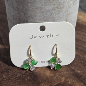 New | St. Patrick's Day Crystal Four Leaf Clover Earrings | Green & Silver | Lucky Charm Accessories