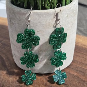 New | St. Patrick's Day Triple Tiered Shamrock Dangle Earrings | Glitter Green | Lucky Charm Accessories