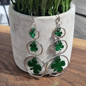 New | St. Patrick's Day Triple-Drop Shamrock Hoop Earrings | Green & Silver | Lucky Charm Accessories