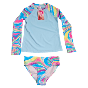 NWT | Kanu Surf Girl's 2-Piece Rash Guard Swimsuit Set | Vibrant Multi-Colored Swirl | Long Sleeve | Size 14/16