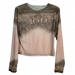NIP | Sheer Mesh "100" Currency Print Top | Long Sleeve | Crew Neck | XL