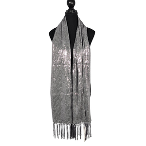 NWT | Silver Sequin Evening Scarf | Metallic Fringe Shawl | 70" x 17" | Sparkle
