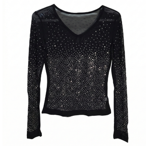 NIP | Black Rhinestone Sheer Mesh Top | V-Neck | Long Sleeve | Small