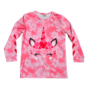 NWOT | BesserBay Pink Tie-Dye Unicorn Graphic Top | Heart Detail | Long Sleeve | Kids Size Large