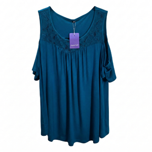 NWT | Plusashion Teal Blue Cold-Shoulder Top | Delicate Lace Yoke | Flutter Sleeve | Size 3X