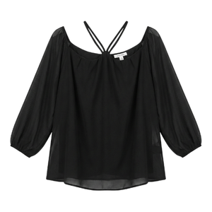 NWT | Black Off-The-Shoulder Top | Artistic Cross Strap Detail | Sheer Chiffon Sleeve | Size Medium