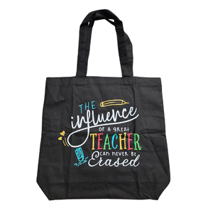 NWOT | Black Canvas Tote Bag | "The Influence of a Great Teacher" Graphic | 15.5" x 14.5"