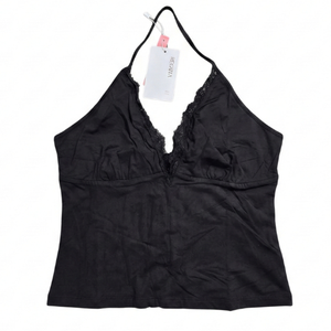 NWT | REORIA Black Halter Neck Tank Top | Artistic Lace V-Neck Detail | Sophisticated Backless Frame | Size Small