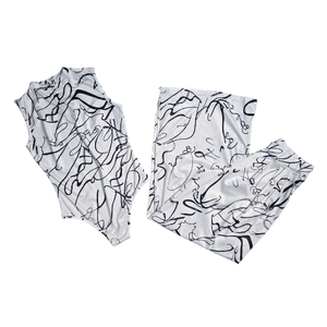 NWOT | 2-Piece Abstract Graphic Print Outfit | Mock Neck Bodysuit & Wide-Leg Trousers | White & Black | Size Large