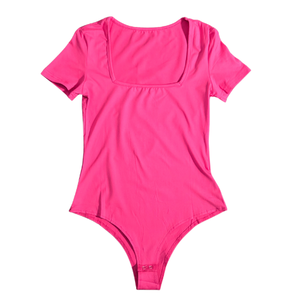 NWOT | Vibrant Hot Pink Short-Sleeve Bodysuit | Artistic Square-Neck Detail | Performance Stretch | Size X-Small