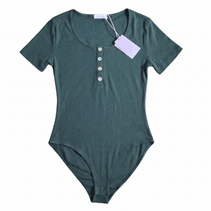 NWT | MANGOPOP Dark Green Ribbed Henley Bodysuit | Artistic Button-Front Detail | Short Sleeve | Size Small