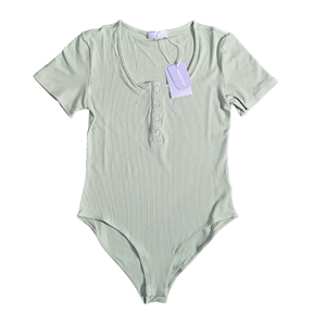 NWT | MANGOPOP Sage Green Ribbed Henley Bodysuit | Artistic Button-Front Detail | Short Sleeve | Size Medium