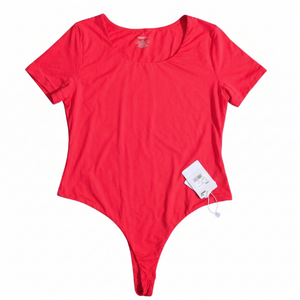 NWT | MANGOPOP Crimson Red Short-Sleeve Bodysuit | Artistic Scoop Neck Detail | Performance Stretch | Size XXL