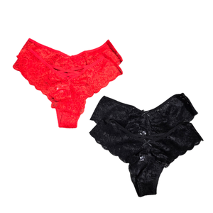 NIP | 4-Pack Floral Lace Thong Underwear | Artistic Criss-Cross Frame | Red & Black | Size Medium