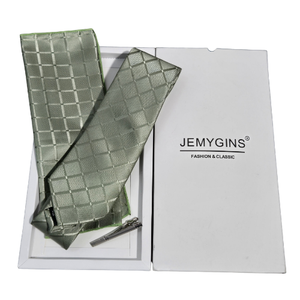 NIB | JEMYGINS Sage Green Checkered Tie Set | Pocket Square | Tie Clip | New