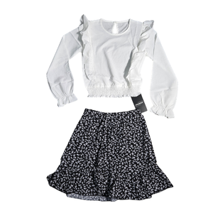 NWT | Girls' 2-Piece Ruffle Blouse & Floral Skirt Set | Whimsical Flutter Detail | Smocked Hem | Size 10/12
