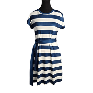 NWOT | Navy Blue & White Nautical Striped T-Shirt Dress | Artistic Belted Waist | Short Sleeve | Size Small