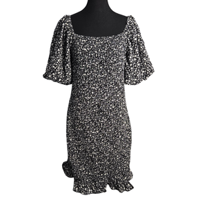 NWT | Black & White Floral Smocked Mini Dress | Artistic Puff Sleeve Detail | Whimsical Ruffle Hem | Size XXL