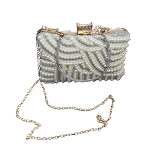 New | Pearl & Rhinestone Embellished Evening Clutch | Artistic Metallic Gold Frame | 2-Way Chain Strap | Size 5"x8"