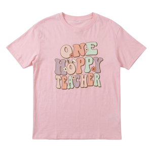 NWOT | "One Hoppy Teacher" Easter Graphic T-Shirt | Artistic Bunny Silhouette | Pastel Pink | Size Small