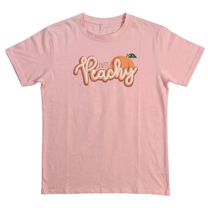 NWOT | "Just Peachy" Retro Script Graphic T-Shirt | Artistic Fruit Silhouette | Pastel Pink | Size XL