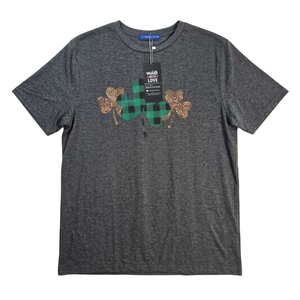 NWT | IRISGOD St. Patrick's Day Mixed-Media Shamrock T-Shirt | Buffalo Plaid & Leopard Print | Charcoal | Size 2XL