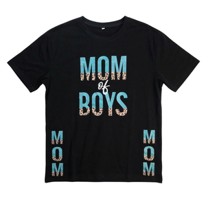 NWOT | "Mom of Boys" Tropical Leopard Graphic T-Shirt | Artistic Mixed-Media Motif | Onyx Black | Size Medium